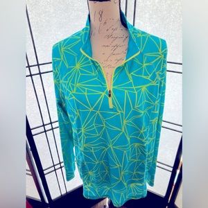 1X TURQUOISE AND LIME GREEN ABSTRACT LONG SLEEVE GYM SHIRT